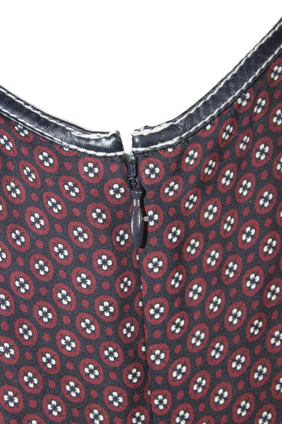 Theory Womens Back Zip Sleeveless Silk Geometric Top Navy Red White Size Petite