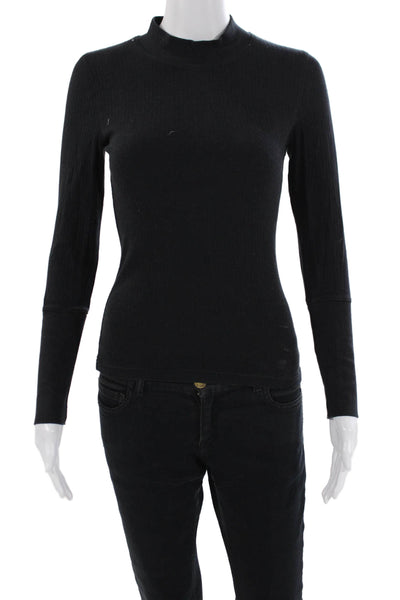 Free People Womens Long Sleeve Mock Neck Ribbed Knit Shirt Black Cotton Small