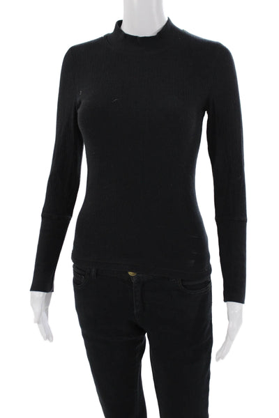 Free People Womens Long Sleeve Mock Neck Ribbed Knit Shirt Black Cotton Small