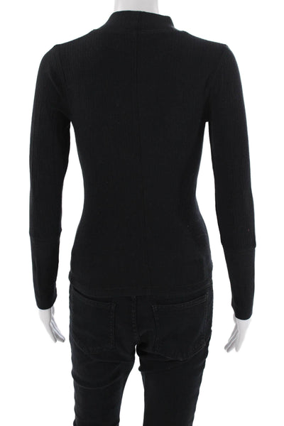 Free People Womens Long Sleeve Mock Neck Ribbed Knit Shirt Black Cotton Small