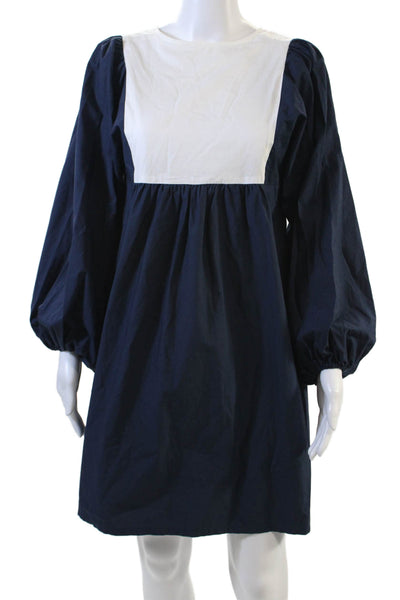 Designer Womens 3/4 Sleeve Crew Neck Mini Shift Dress Navy White Cotton Small