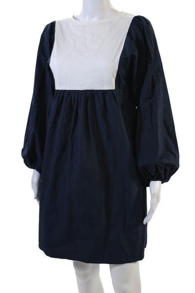 Designer Womens 3/4 Sleeve Crew Neck Mini Shift Dress Navy White Cotton Small