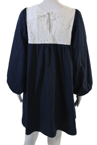Designer Womens 3/4 Sleeve Crew Neck Mini Shift Dress Navy White Cotton Small