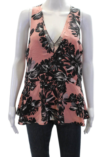 Rebecca Taylor Womens Sleeveless V Neck Floral Silk Top Pink Black Size 8