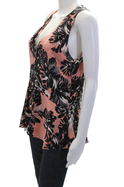 Rebecca Taylor Womens Sleeveless V Neck Floral Silk Top Pink Black Size 8
