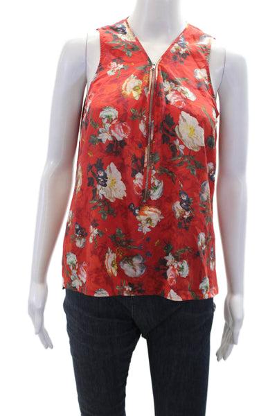 The Kooples Womens Sleeveless Front Zip V Neck Silk Floral Top Red Multi Medium