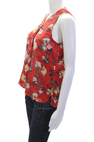 The Kooples Womens Sleeveless Front Zip V Neck Silk Floral Top Red Multi Medium