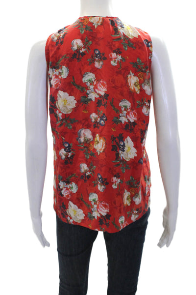 The Kooples Womens Sleeveless Front Zip V Neck Silk Floral Top Red Multi Medium