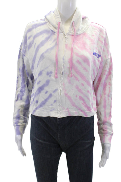 WSLY Womens Cotton Tie-Dye Cropped Long Sleeve Full Zip Hoodie White Size S
