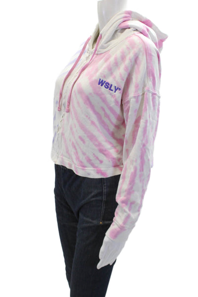 WSLY Womens Cotton Tie-Dye Cropped Long Sleeve Full Zip Hoodie White Size S