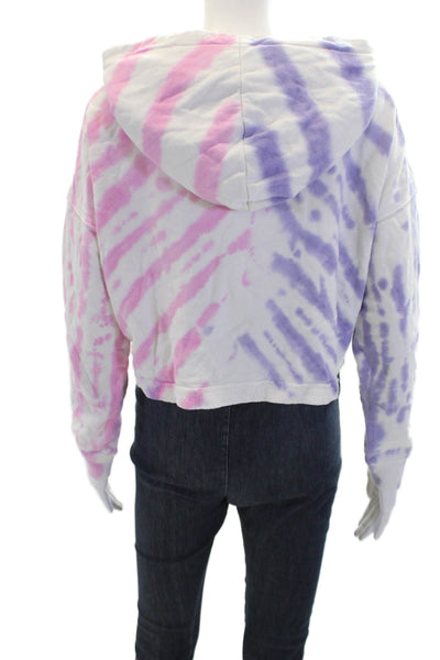 WSLY Womens Cotton Tie-Dye Cropped Long Sleeve Full Zip Hoodie White Size S