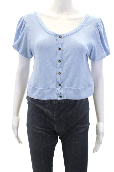 We The Free Womens Cotton Short Sleeve Button-Down Blouse Blue Size S
