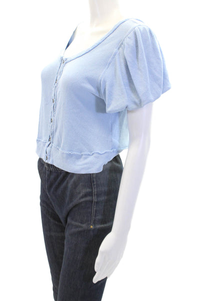 We The Free Womens Cotton Short Sleeve Button-Down Blouse Blue Size S