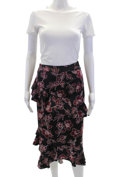 Tahari Womens Side Zip Tiered Floral Midi Skirt Black Red White Size 12