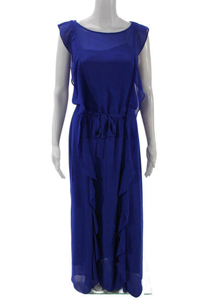 BCBGMAXAZRIA Women's Round Neck Sleeveless Ruffle Maxi Dress Blue Size XS