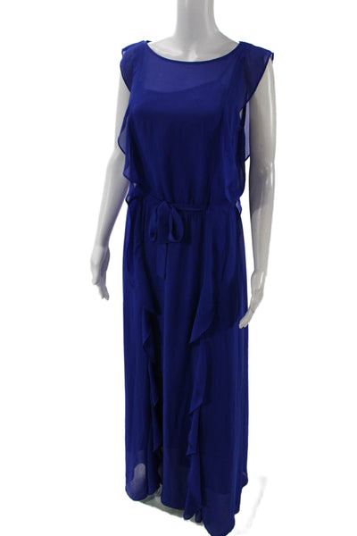 BCBGMAXAZRIA Women's Round Neck Sleeveless Ruffle Maxi Dress Blue Size XS