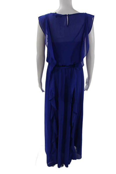 BCBGMAXAZRIA Women's Round Neck Sleeveless Ruffle Maxi Dress Blue Size XS