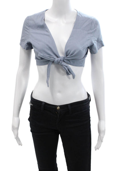 L'atiste Womens Cotton Short Sleeve V-Neck Wrap Cropped Blouse Blue Size M