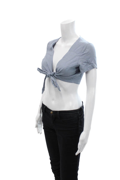 L'atiste Womens Cotton Short Sleeve V-Neck Wrap Cropped Blouse Blue Size M