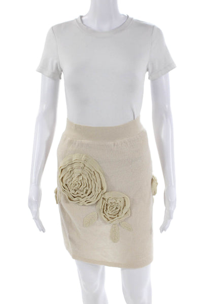 Knitted & Knotted Womens Wool Floral Stretch Mini Skirt Beige Size XS