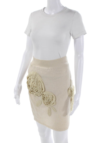 Knitted & Knotted Womens Wool Floral Stretch Mini Skirt Beige Size XS