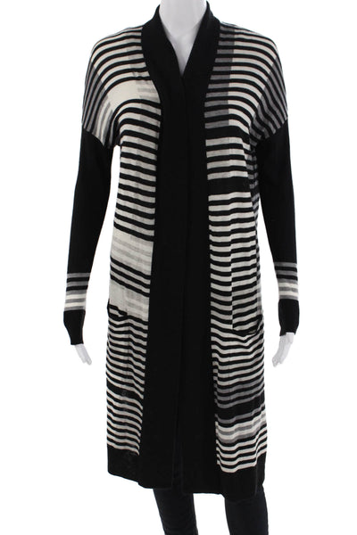 Vince Merino Wool Striped Open Front Long Cardigan Sweater Black Size 2XS