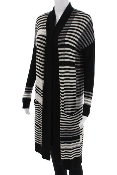 Vince Merino Wool Striped Open Front Long Cardigan Sweater Black Size 2XS