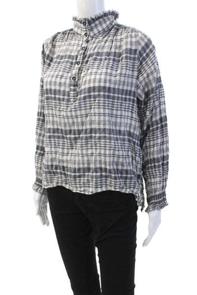 Belize Womens Cotton High Neck Ruffled Detail Smocked Cuff Blouse Gray Size 1