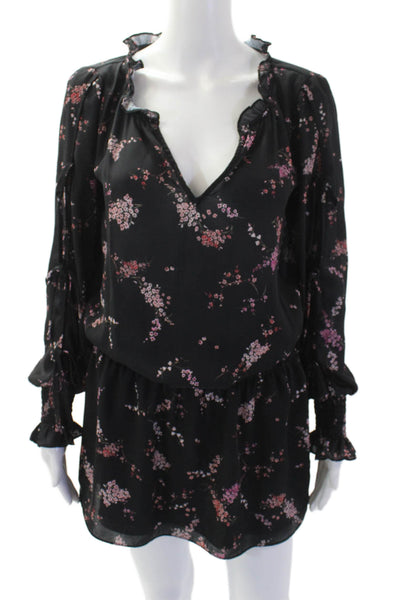 Parker Womens Floral Print Long Sleeve Cinched Waist Mini Dress Black Size S