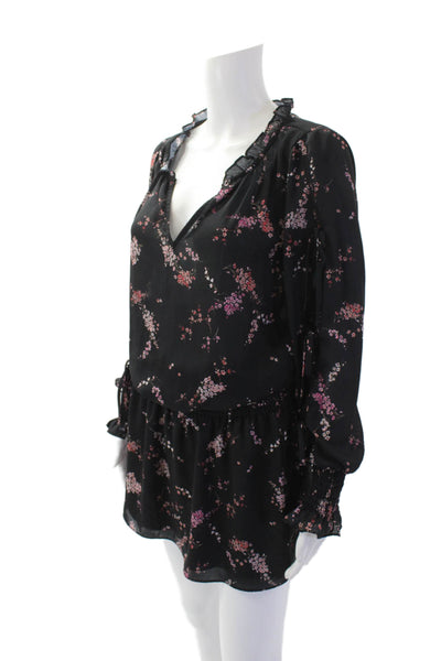 Parker Womens Floral Print Long Sleeve Cinched Waist Mini Dress Black Size S