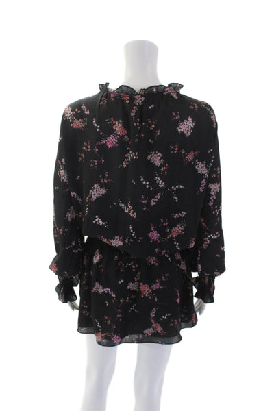 Parker Womens Floral Print Long Sleeve Cinched Waist Mini Dress Black Size S