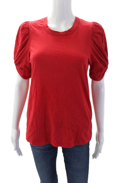 A.L.C. Womens Cotton Round Neck Short Puff Sleeve Basic T-Shirt Red Size S