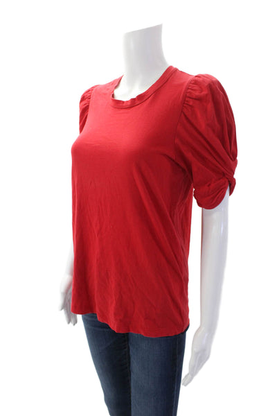 A.L.C. Womens Cotton Round Neck Short Puff Sleeve Basic T-Shirt Red Size S