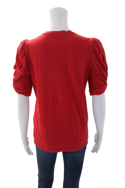A.L.C. Womens Cotton Round Neck Short Puff Sleeve Basic T-Shirt Red Size S