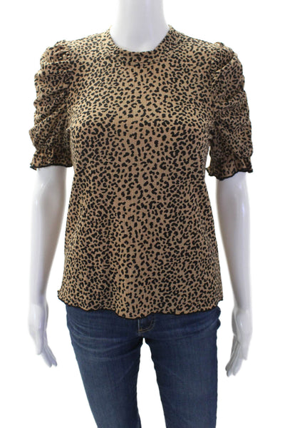 Moon River Womens Animal Print Ruffle Short Sleeve T-Shirt Beige Size S