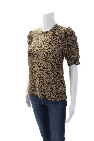 Moon River Womens Animal Print Ruffle Short Sleeve T-Shirt Beige Size S