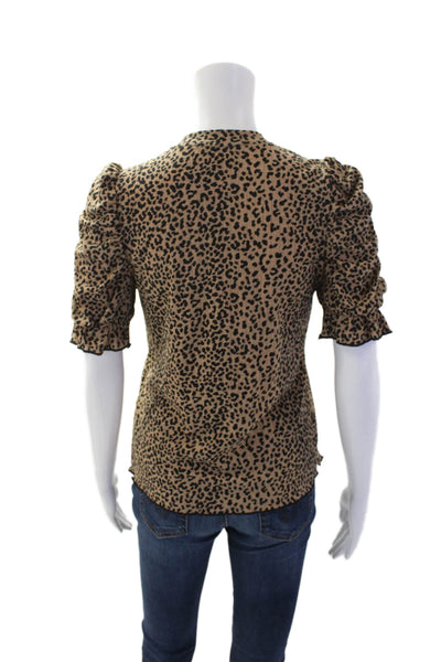 Moon River Womens Animal Print Ruffle Short Sleeve T-Shirt Beige Size S