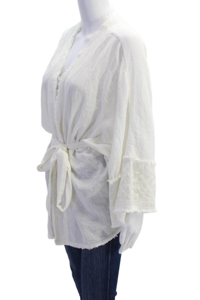 Zara Womens Cotton 3/4 Sleeve V-Neck Tied Wrap Blouse Top Cream Size XS