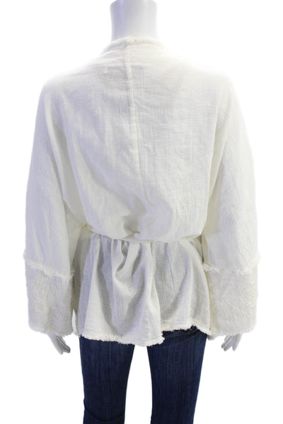 Zara Womens Cotton 3/4 Sleeve V-Neck Tied Wrap Blouse Top Cream Size XS