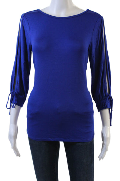 Trina Turk Womens Cut Out 3/4 Sleeve Scoop Neck Knit Top Blue Size Medium