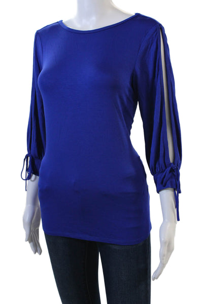 Trina Turk Womens Cut Out 3/4 Sleeve Scoop Neck Knit Top Blue Size Medium