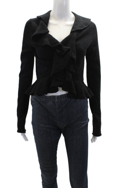 Aqua Womens Textured Knit Long Sleeve Ruffle Front Open Top Black Size S
