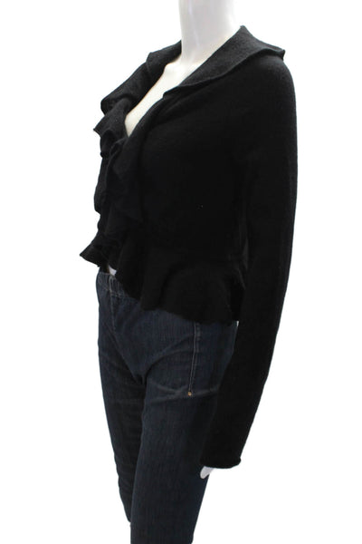 Aqua Womens Textured Knit Long Sleeve Ruffle Front Open Top Black Size S