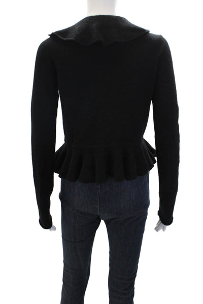 Aqua Womens Textured Knit Long Sleeve Ruffle Front Open Top Black Size S