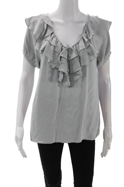 Joie Womens Short Sleeve Ruffled V Neck Silk Top Blouse Gray Size Small