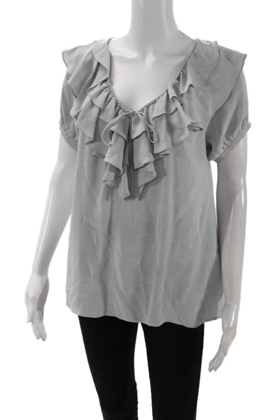 Joie Womens Short Sleeve Ruffled V Neck Silk Top Blouse Gray Size Small