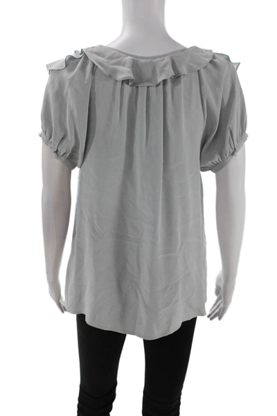 Joie Womens Short Sleeve Ruffled V Neck Silk Top Blouse Gray Size Small