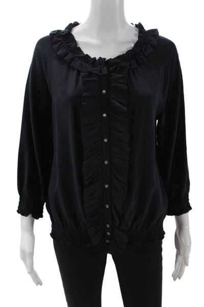 Joie Womens 3/4 Sleeve Ruffled Scoop Neck Silk Blouse Top Black Size Small