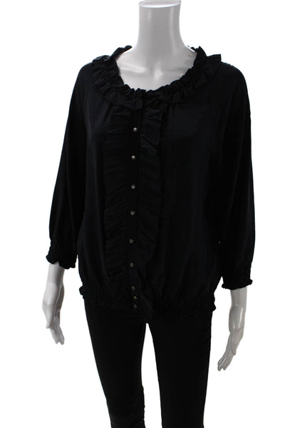 Joie Womens 3/4 Sleeve Ruffled Scoop Neck Silk Blouse Top Black Size Small