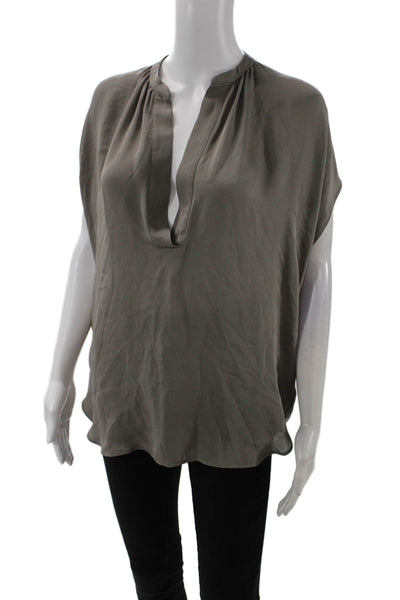 Vince Womens Short Sleeve V Neck Silk Boxy Blouse Top Gray Size Small